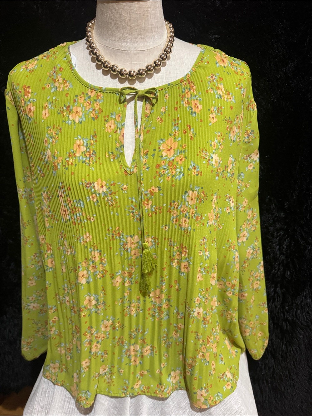 DR2 Lime Green Floral Pleated Tie-Neck Blouse